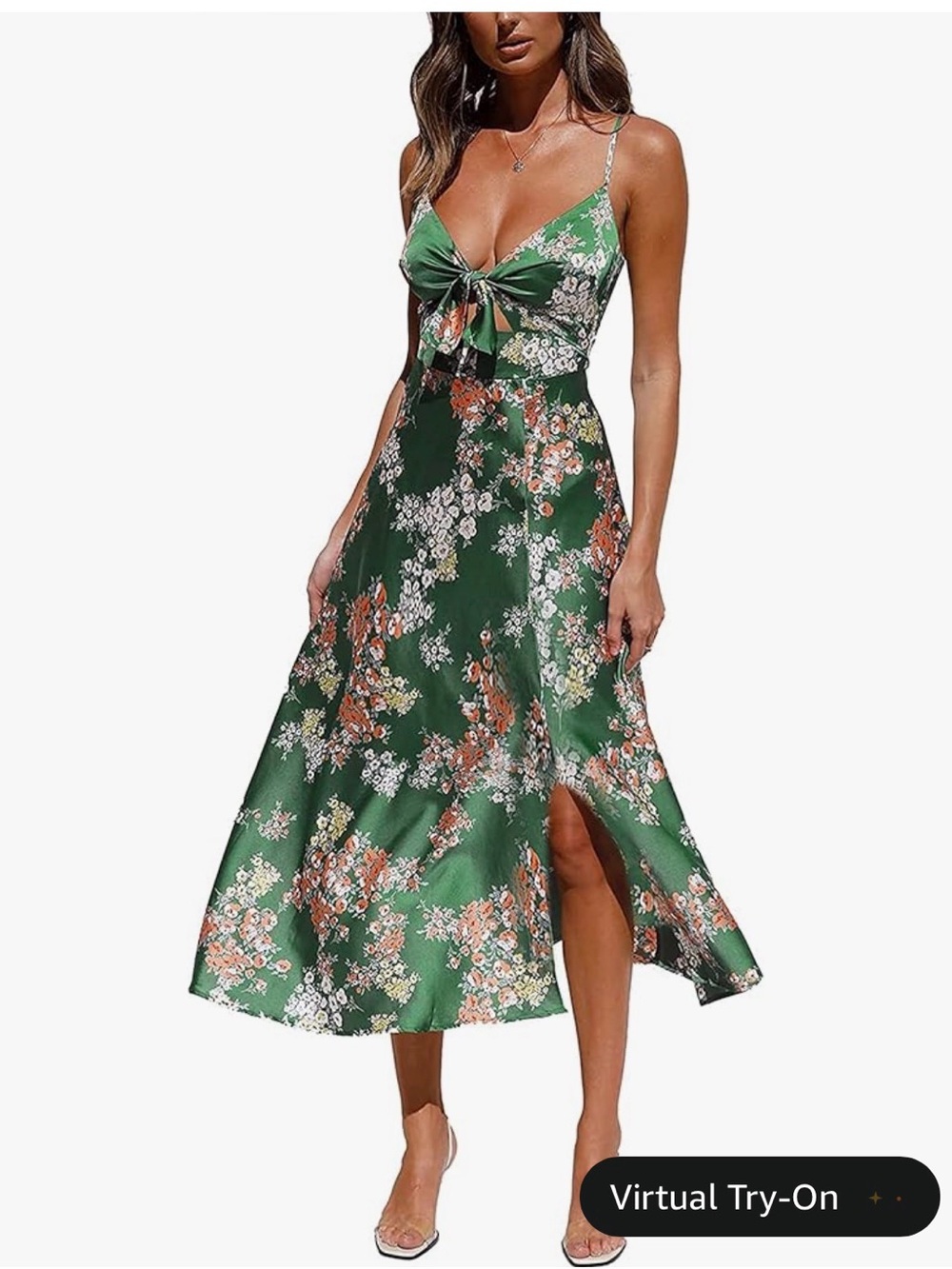 Green Floral Tie-Front Midi Dress with Side Slit